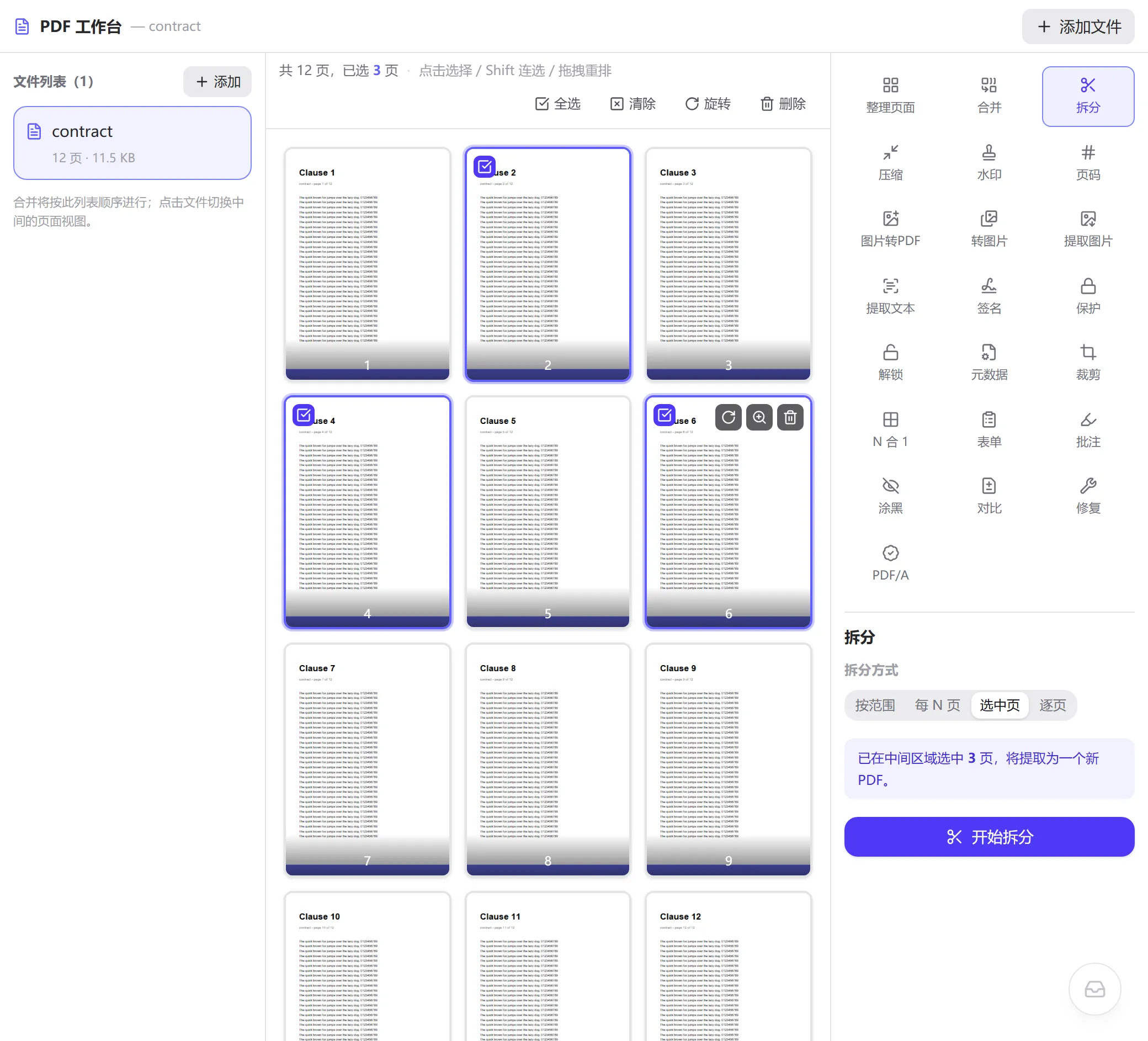 The "selected pages" mode of the split panel: pages 2, 4 and 6 ticked in the middle area, and the panel saying they will be extracted into a new PDF